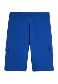Pantalones cortos de carga azules hechos de una tela suave, con bolsillos laterales, una cómoda cinturilla elástica y un diseño de largo hasta la rodilla.
