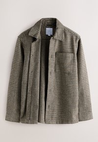 Camicia button-up in un motivo a scacchi marrone e nero, con colletto, maniche lunghe e taschino sul petto. Tessuto morbido e strutturato.