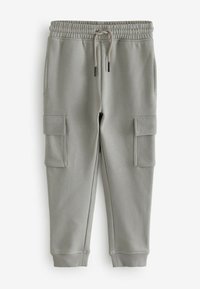 Helle graue Jogginghosen aus weichem Stoff, mit einem elastischen Bund, Kordelzug und zwei Seitentaschen mit Klappendetails.