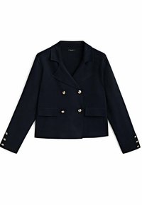 Granatowy podwójnie zapinany żakiet wykonany z teksturowanej tkaniny, z ozdobnymi guzikami w kolorze złotym, dwoma przednimi kieszeniami i kołnierzem szalowym.