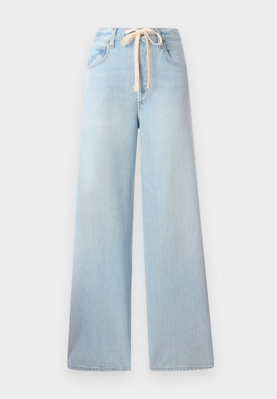 Light blue wide-leg jeans made from denim, featuring a drawstring waistband and classic five-pocket design with minimal fading.