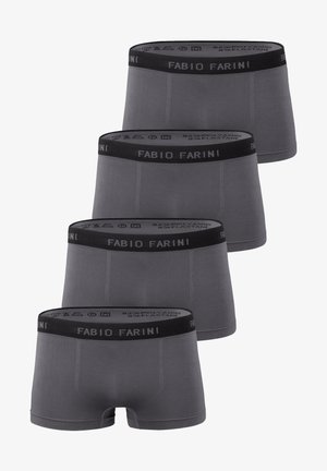 Vier Paare graue Boxershorts mit einem schwarzen elastischen Bund, der den Text "FABIO FARINI" trägt. Hergestellt aus 92 % Polyamid und 8 % Elastan.