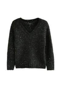 Sort chunky striktrøje med V-hals og subtile multifarvede pailletter spredt ud over stoffet.