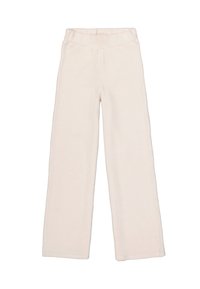 Broek van zacht, geribbeld materiaal, crème kleur, ontwerp met wijde pijpen, elastische tailleband, geen zichtbare hardware of patronen, rechte snit.