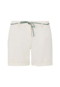 Knie-lange crèmekleurige shorts van lichtgewicht stof met een gestreepte groene en witte strikriem. Overtollige stof opgerold aan de zoom, met voorzakken.