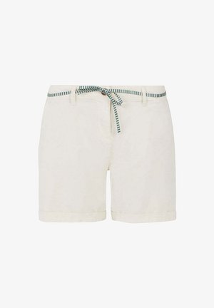 Knie-lange crèmekleurige shorts van lichtgewicht stof met een gestreepte groene en witte strikriem. Overtollige stof opgerold aan de zoom, met voorzakken.