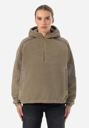 Beige fleece pullover hoodie with quarter zipper, soft texture, gray accent panels, elastic waist, and two side pockets.