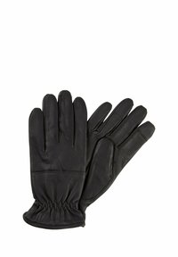 Ein Paar schwarze Lederhandschuhe mit elastischen Handgelenkbändern, flach ausgelegt, wobei ein Handschuh mit der Handfläche nach oben und der andere mit der Handfläche nach unten zeigt.