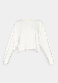 Hvit cropped langermet sweatshirt med en avslappet passform, ribbestrikkede mansjetter, og en liten logo på brystet. Myk stoffkvalitet med en glatt tekstur.