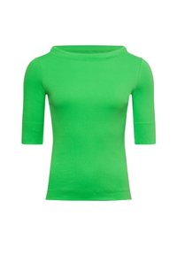 Groene top met korte mouwen en een brede bootneklijn. Gemaakt van soepel materiaal met een aansluitend ontwerp, in een effen kleur zonder patroonen.