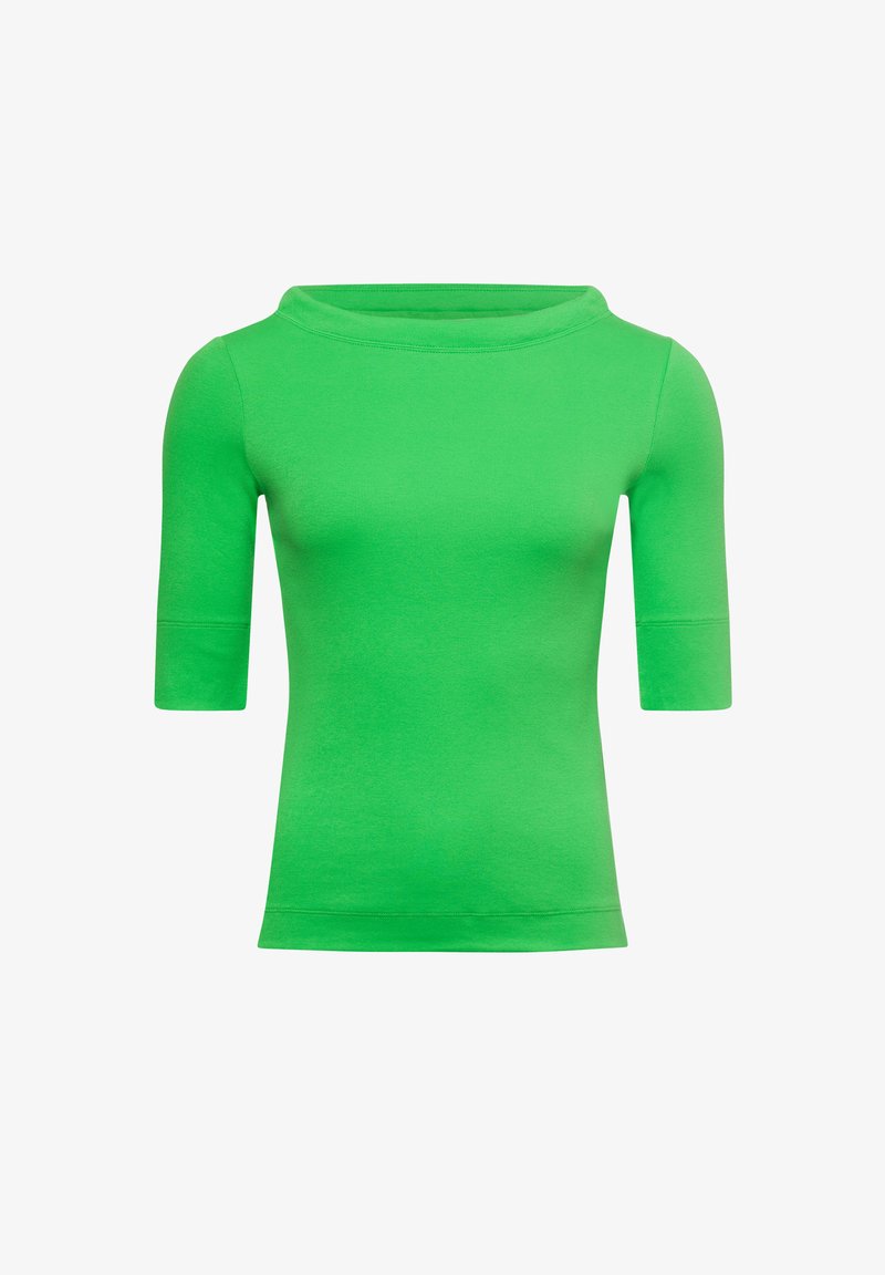 Groene top met korte mouwen en een brede bootneklijn. Gemaakt van soepel materiaal met een aansluitend ontwerp, in een effen kleur zonder patroonen.