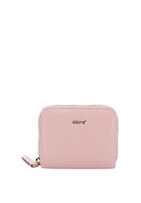 Pink leather wallet with a smooth texture, zip closure, gold logo accent, and a decorative gold zipper pull. Rectangle-shaped design.