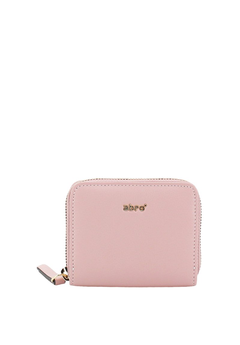 Pink leather wallet with a smooth texture, zip closure, gold logo accent, and a decorative gold zipper pull. Rectangle-shaped design.