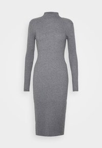 Robe à manches longues côtelée en gris moyen. Design ajusté avec un col élevé et un ourlet au genou. Tissu doux et texturé avec des rayures verticales.