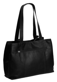 Bolso tote negro de cuero con asas dobles, que cuenta con un bolsillo frontal con cremallera y una textura suave. Diseño estructurado con detalles de costura.