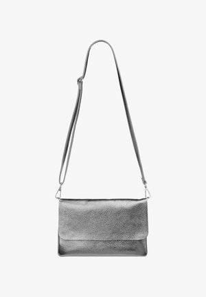 Gray leather crossbody bag with a textured finish, flat shape, magnetic flap closure, and an adjustable strap.
