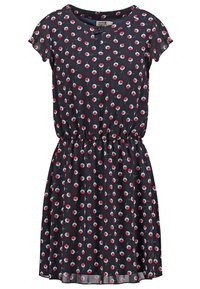 Robe bleu marine foncé à manches courtes, taille élastique et motif imprimé cerises rouges et blanches.