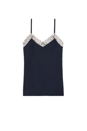 Marineblaue Camisole mit dünnen Trägern und zarter weißer Spitzenverzierung entlang des V-Ausschnitts und der oberen Kanten.