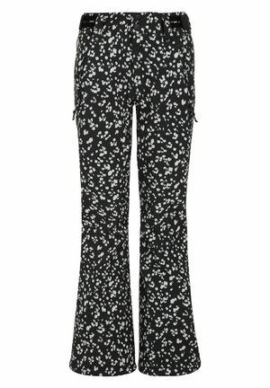 Schwarze Glockenhosen mit einem weißen Blumenmuster, ausgestattet mit seitlichen Taschen, einem Bund mit Knöpfen und einer glatten Stofftextur.
