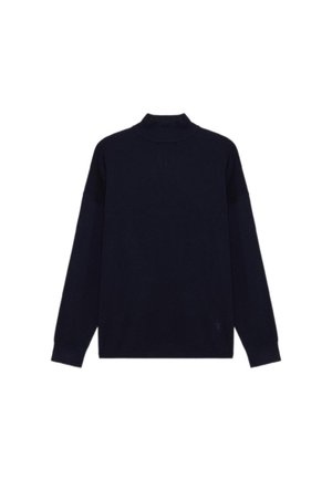 Maglione pullover blu navy con colletto alto, maniche lunghe e polsini a coste. Realizzato in morbido tessuto testurizzato. Presenta un design minimalista.