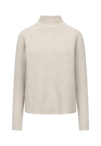 Lichtbeige coltrui met een ribbelstructuur, lange mouwen en een relaxte pasvorm. De zoom is recht en eindigt op de heupen.