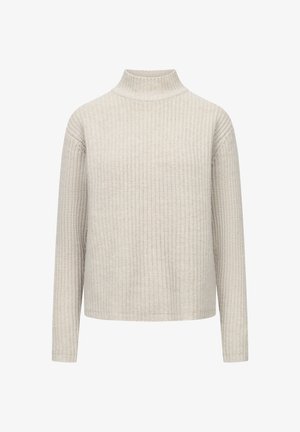 Lichtbeige coltrui met een ribbelstructuur, lange mouwen en een relaxte pasvorm. De zoom is recht en eindigt op de heupen.