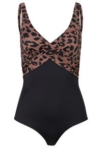 Maillot de bain imprimé léopard avec un design croisé dans des tons marron et noir en haut, se dégradant en noir uni en bas, sans manches, avec une coupe structurée.