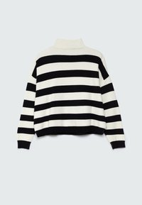 Pull à rayures horizontales larges noir et blanc à manches longues, col montant et poignets et ourlet côtelés.