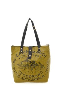 Borsa a tote gialla con manici e dettagli neri. La parte frontale presenta una stampa vintage con un design di castello e il nome del marchio in nero.