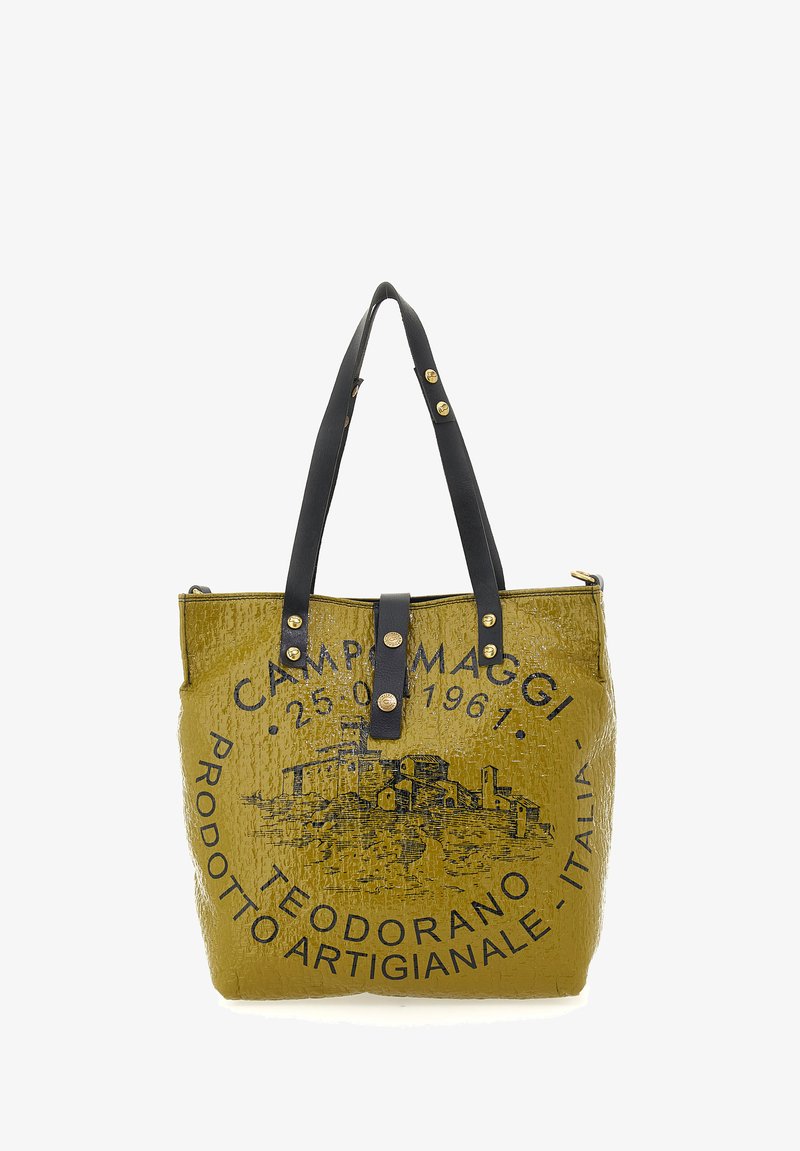 Borsa a tote gialla con manici e dettagli neri. La parte frontale presenta una stampa vintage con un design di castello e il nome del marchio in nero.