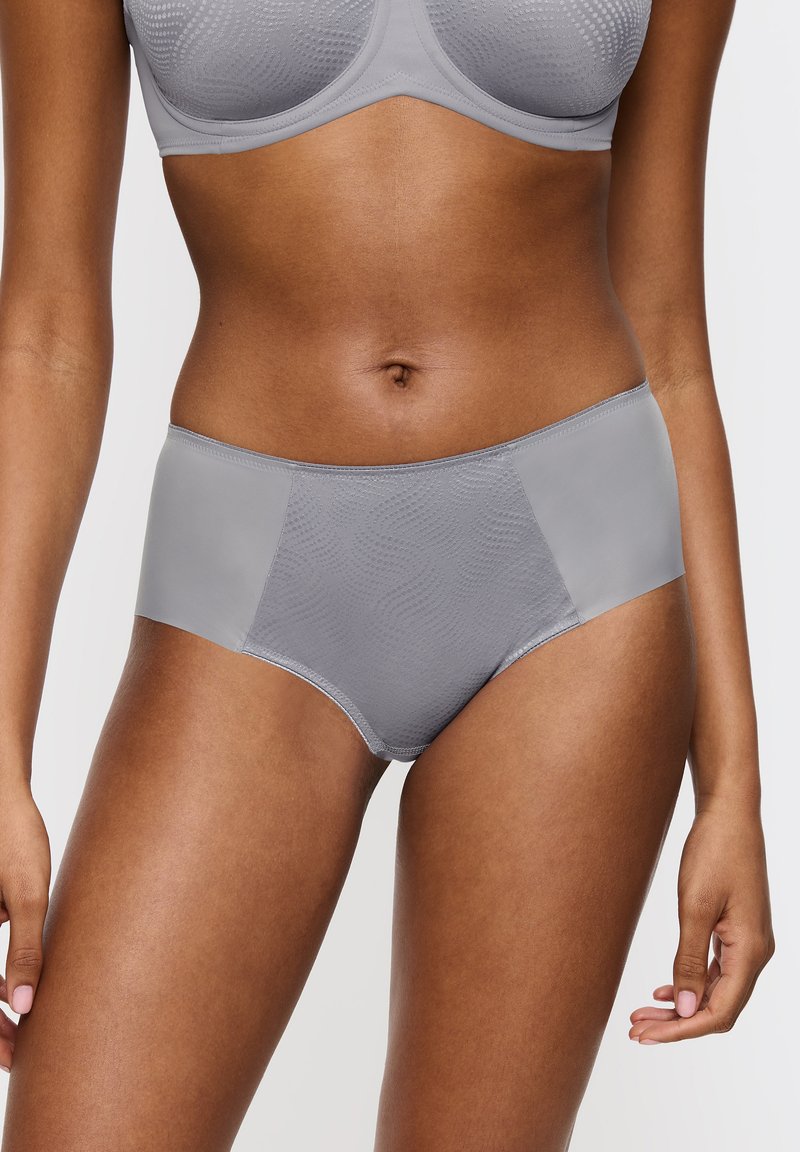 Gray high-waisted underwear with textured pattern and smooth silicone-like panels on the sides, providing full coverage and comfort.