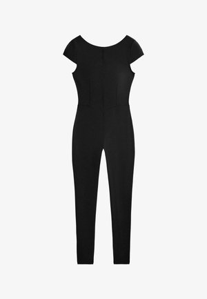 Čierny krátky overal s priliehavým pásom, okrúhlym výstrihom a úzkym strihom nohavíc, zobrazený na bielom pozadí.