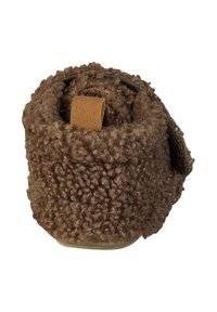 Braune Schaffell Hausschuhe mit einer weichen, strukturierten Oberfläche, ausgestattet mit einem sandfarbenen Lederakzent an der Oberseite und einem runden, geschlossenen Design.