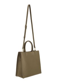 Olivengriekse leren handtas met een gestructureerde afwerking, dubbele bovenhandvatten en een verstelbare schouderriem. Voorzien van gouden accenten.
