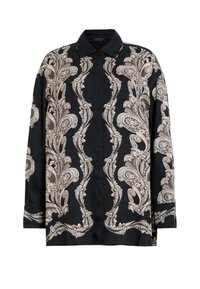 Chemise noire à manches longues avec boutons, motifs floraux cachemire beiges complexes sur le devant, les manches et les poignets, dotée d'un col classique.