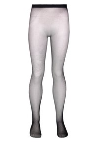 Schwarze Fischernetzstrumpfhosen mit einem strukturierten, rautenförmigen Muster. Ausgestattet mit einem elastischen Taillenbund, glatter Oberfläche und figurbetontem Design.