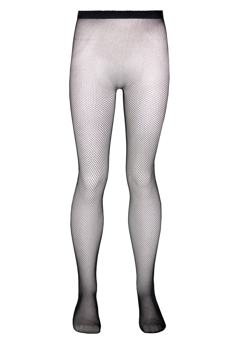 Schwarze Fischernetzstrumpfhosen mit einem strukturierten, rautenförmigen Muster. Ausgestattet mit einem elastischen Taillenbund, glatter Oberfläche und figurbetontem Design.