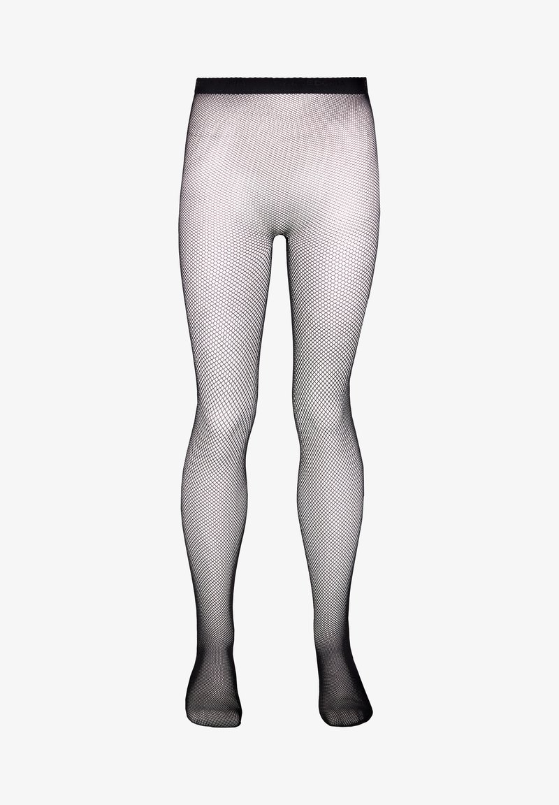 Schwarze Fischernetzstrumpfhosen mit einem strukturierten, rautenförmigen Muster. Ausgestattet mit einem elastischen Taillenbund, glatter Oberfläche und figurbetontem Design.