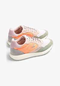 Sneakers with a mix of light pink, grey, and orange hues, featuring suede and mesh materials, round toe, and textured rubber sole.