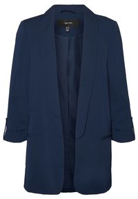 Mörkblå kavaj i lätt tyg, med sjalkrage, öppen front, trekvartslånga ärmar och två sidfickor.