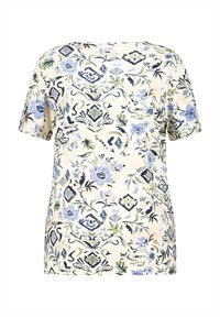 Bloemrijke top met korte mouwen in lichtcrème, met blauw en groene patronen en decoratieve accenten. Zachte stof en een ontspannen pasvorm.