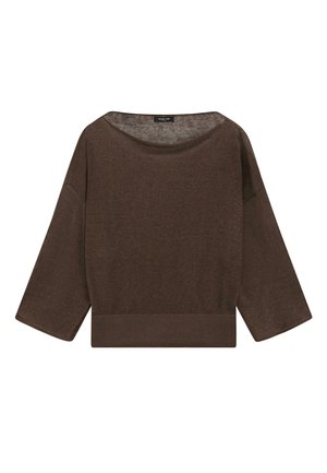 Pull ample à manches longues de couleur marron, avec un large col bateau et un ourlet côtelé, conçu pour une tenue décontractée.