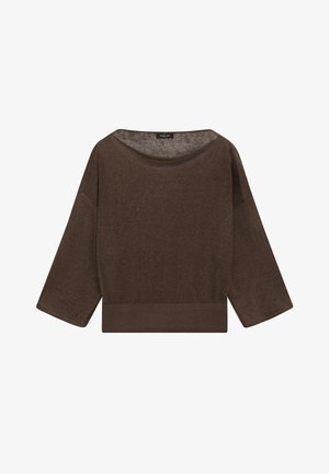 Pull ample à manches longues de couleur marron, avec un large col bateau et un ourlet côtelé, conçu pour une tenue décontractée.