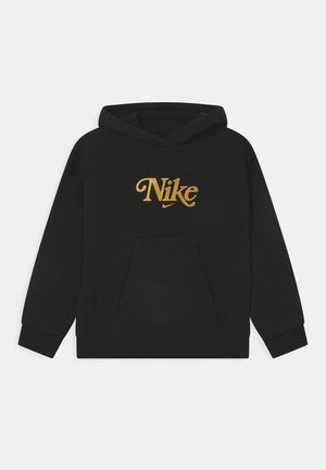 Czarna bawełniana bluza z kapturem z przednią kieszenią. Na piersi haftowane złote logo "Nike" oraz kaptur ze sznurkiem do regulacji.