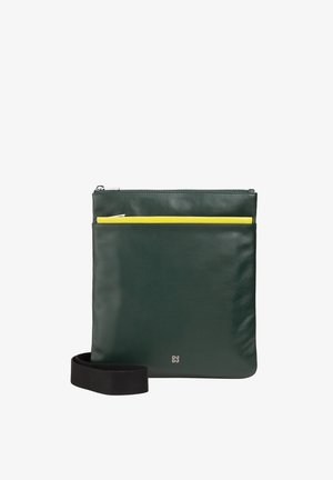 Green leather bag with a smooth texture, featuring a yellow accent pocket and a black strap. Zipper closure at the top.