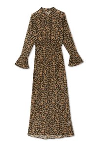 Długa sukienka w leopardzi wzór z rozszerzanymi mankietami, marszczonym pasem i kołnierzem typu V, zdobiona małymi czerwonymi kwiatowymi akcentami.