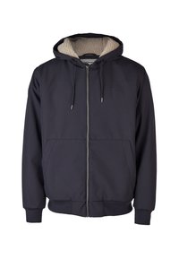 Marineblauer Reißverschluss-Hoodie mit einer flauschigen, cremefarbenen fleecegefütterten Kapuze, Fronttaschen und dezentem Logo-Stick; aus weichem, strukturiertem Stoff gefertigt.