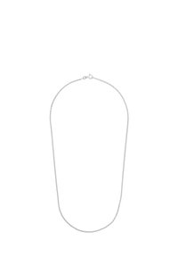 Collar de plata con un diseño de cadena delicada y fina. Presenta un cierre de gancho de langosta. Textura suave con un acabado pulido.