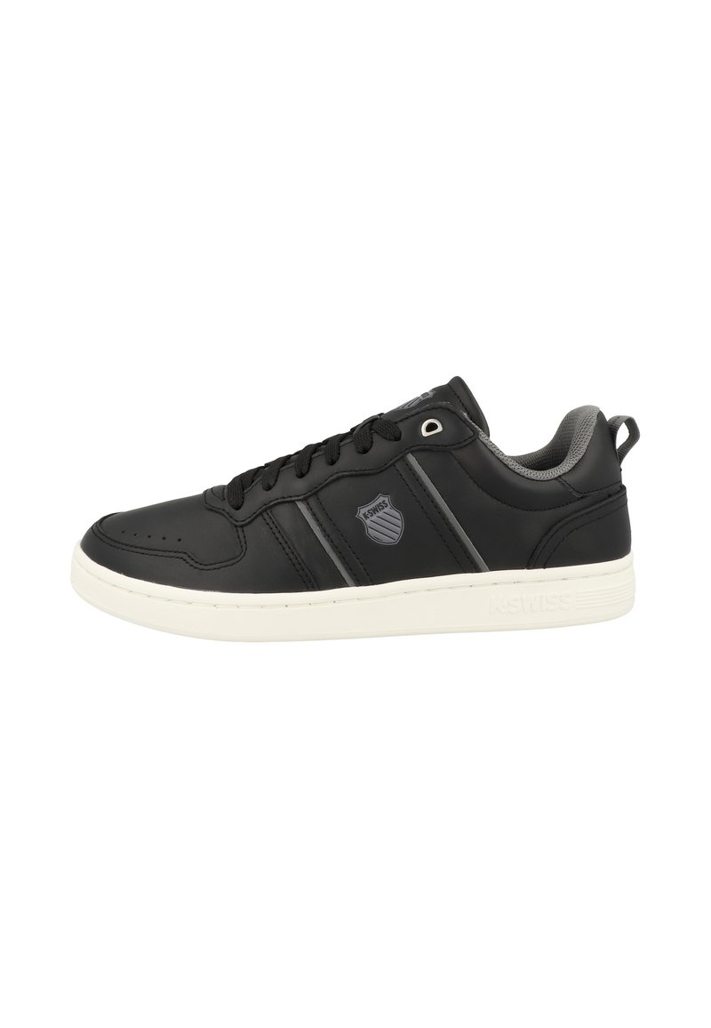 Black leather sneaker with white rubber sole, featuring grey accent stripes and logo, round toe, and lace-up closure.