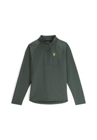 Pull-over de couleur vert foncé avec un col zippé, portant un logo d'araignée en jaune vif. Fabriqué en matériau texturé et léger.